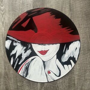 Hand-Painted Vinyl Record Art with Red and Black Design